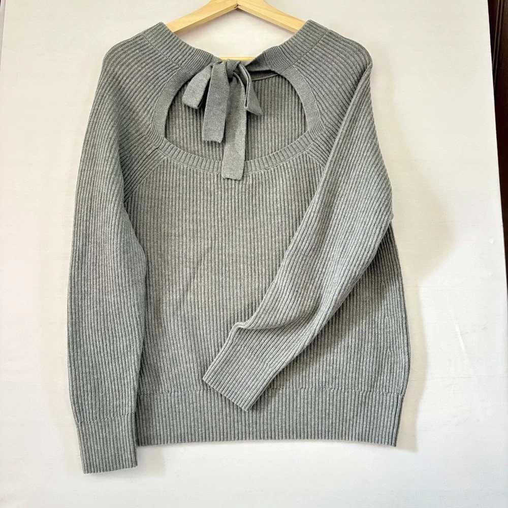 Banana Republic Ribbed Open Back Tie Sweater Gray Wool Blend Raglan‎ Large